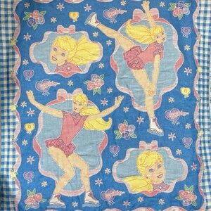 Vintage Barbie Woven Blanket Ice Skating Fringe Checkered Throw
